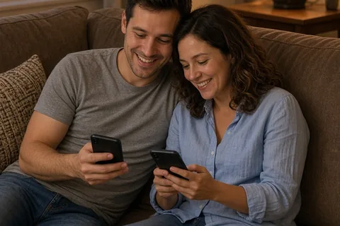 A man and a woman in their thirties sitting on a couch looking at their smartphones with smiles, engaged in playing a flirty Would You Rather texting game.