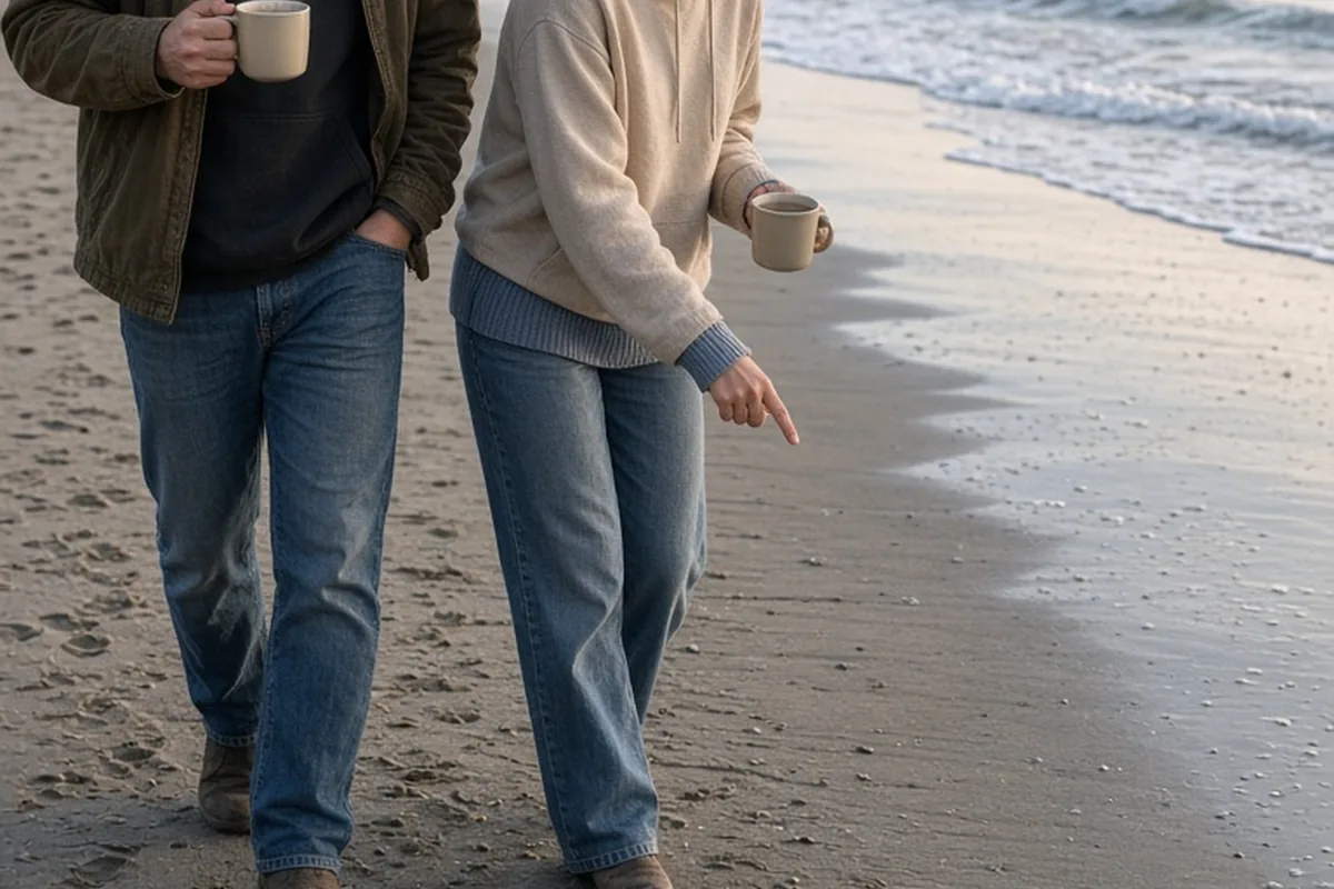 A clearly adult man and woman in their mid-twenties walking on the wet sand of a beach at low tide, the man holding a coffee mug and the woman pointing at sea glass on the sand with a smile, ocean in 
