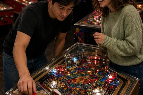 Two adults in their early twenties in a retro pinball arcade playing a pinball machine, the man hitting the flippers and the woman cheering beside him, with colorful lights and other machines in the b