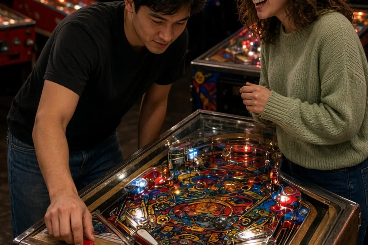 Two adults in their early twenties in a retro pinball arcade playing a pinball machine, the man hitting the flippers and the woman cheering beside him, with colorful lights and other machines in the b