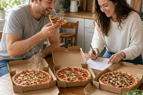 A couple seated at a kitchen table with three open frozen pizza boxes and a rating sheet; the man holds a slice of pizza while the woman gestures at the boxes and writes notes with engaged expressions