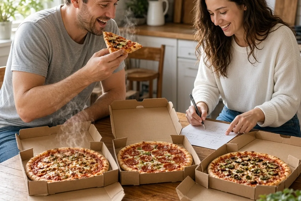 A couple seated at a kitchen table with three open frozen pizza boxes and a rating sheet; the man holds a slice of pizza while the woman gestures at the boxes and writes notes with engaged expressions
