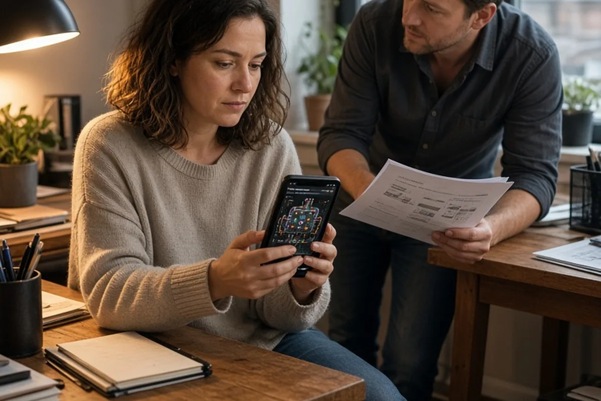Woman with wavy brown hair focused on smartphone screen displaying a virtual bomb puzzle, man with short brown hair holding printed manual and providing instructions in a home office setting.