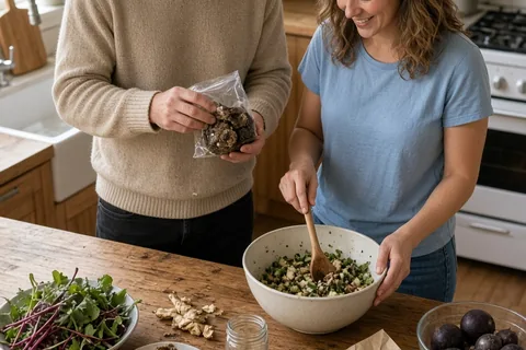 A couple in a home kitchen, the man holding a bag of an unusual vegetable and the woman stirring a bowl on the counter with playful smiles