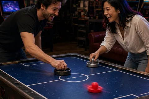 A man and a woman in their thirties laughing while competing at an air hockey table in a retro gaming lounge with other machines visible in the background