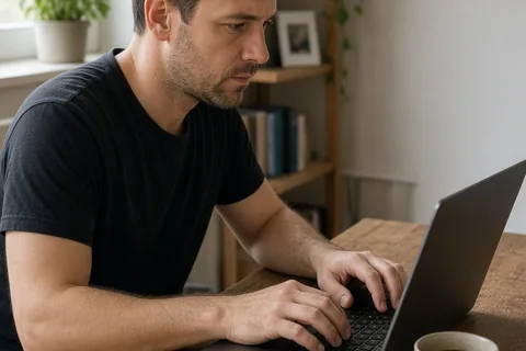 A man in his thirties with short brown hair leaning over a laptop on a wooden desk in a home office, screen unreadable, with a coffee mug on the desk