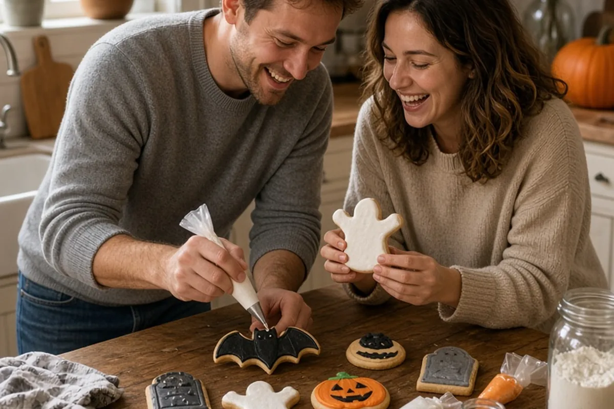 A young couple collaboratively decorating Halloween sugar cookies with royal icing at a kitchen table