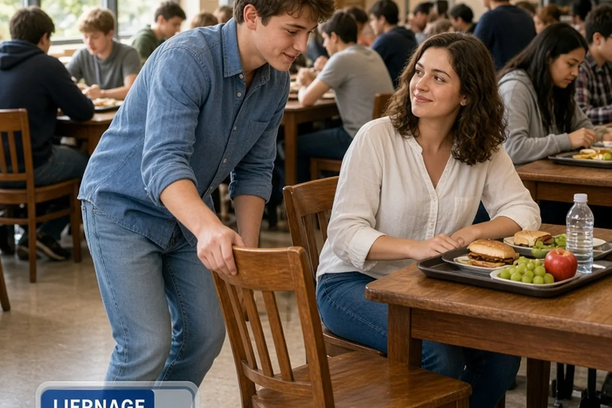 A young man pulling up a chair to sit next to a young woman at a crowded school lunch table
