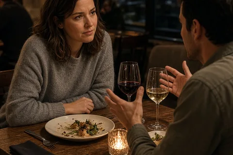 A woman in her mid-thirties with shoulder-length brown hair wearing a gray sweater sits at a restaurant table across from a man in his thirties with short dark hair, listening attentively as he speaks