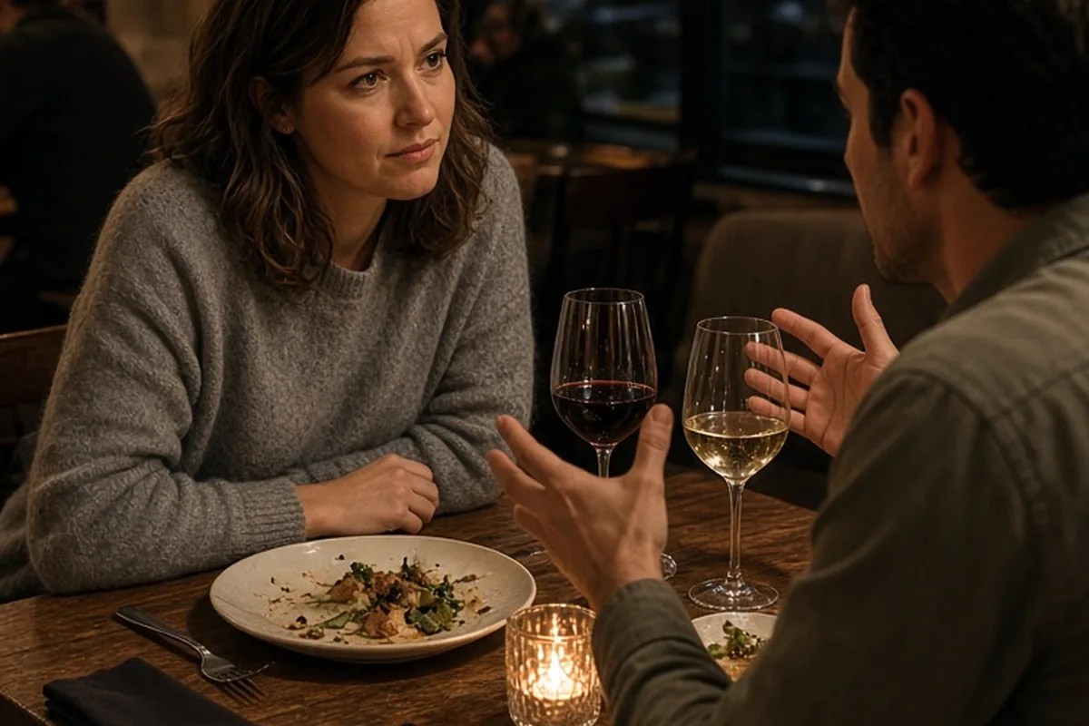 A woman in her mid-thirties with shoulder-length brown hair wearing a gray sweater sits at a restaurant table across from a man in his thirties with short dark hair, listening attentively as he speaks