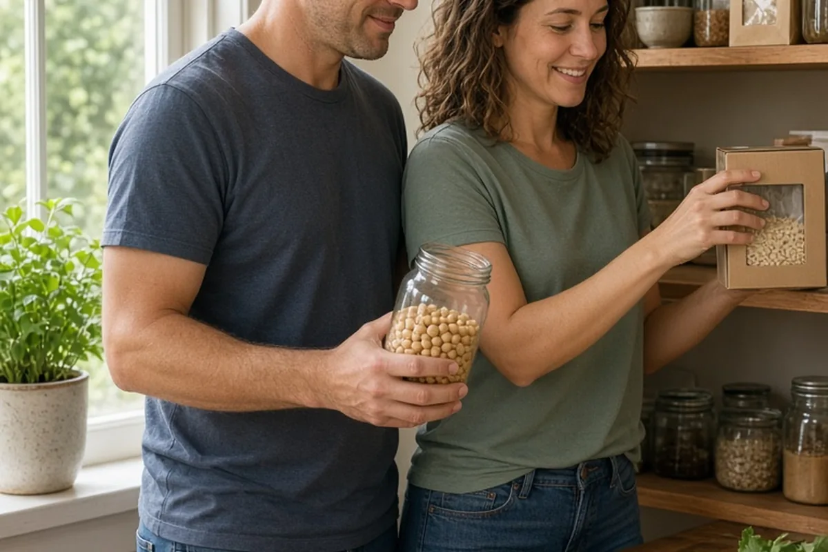 A young couple in their thirties in a kitchen collaboratively choosing pantry ingredients to cook a new recipe, one holding a box of pasta and the other a jar of sauce, both smiling.