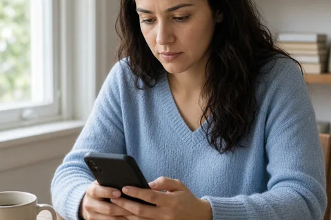 A woman in her mid-twenties with long dark hair wearing a light blue sweater and dark jeans sitting at a wooden desk in a bright office holding a smartphone and looking at the screen with a focused ex