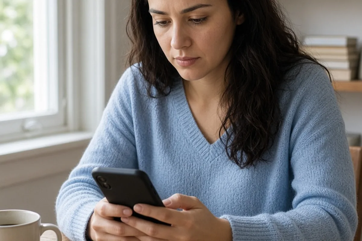 A woman in her mid-twenties with long dark hair wearing a light blue sweater and dark jeans sitting at a wooden desk in a bright office holding a smartphone and looking at the screen with a focused ex