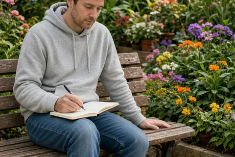 A clearly adult man in casual clothing sitting on a bench in a botanical garden writing in a notebook surrounded by flowers and plants