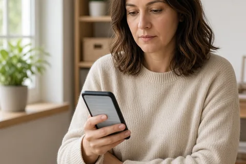 A woman in her thirties sitting at a desk holding a smartphone with an illuminated but unreadable screen