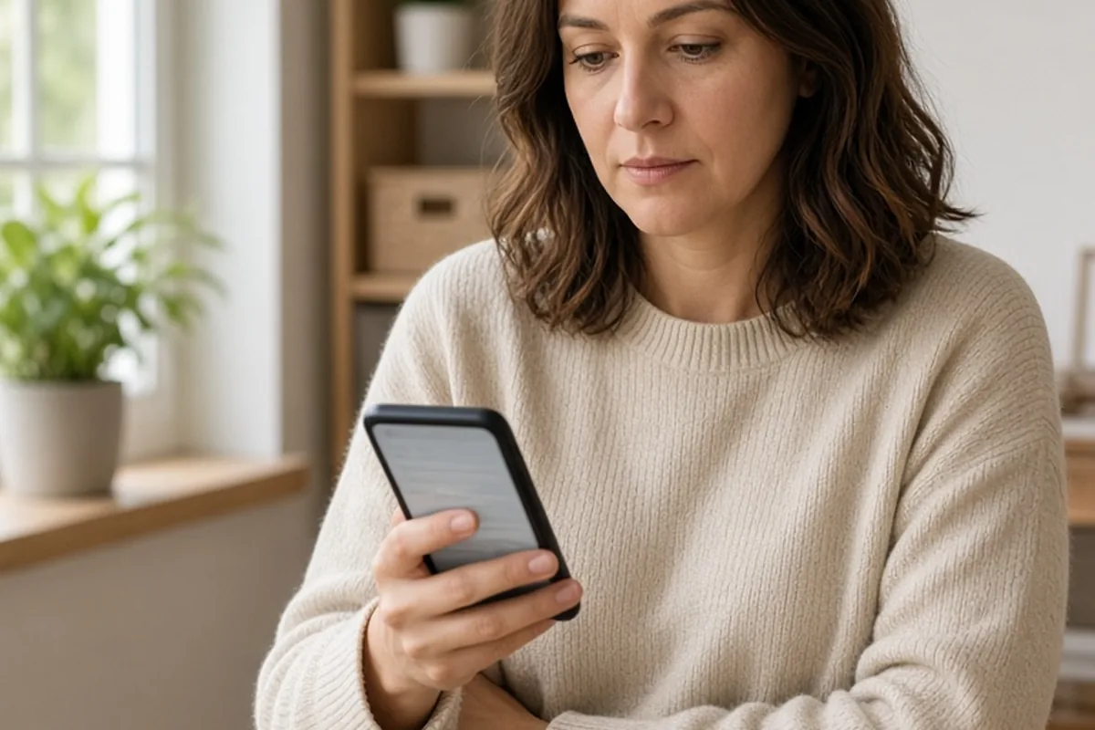 A woman in her thirties sitting at a desk holding a smartphone with an illuminated but unreadable screen