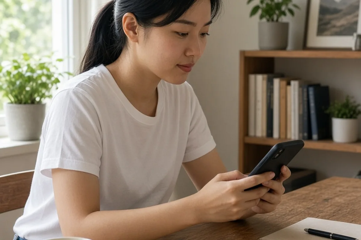A mid-twenties woman with long straight black hair sitting at a wooden desk holding a smartphone and typing a message, calm expression, in a bright home office with natural daylight from the side wind