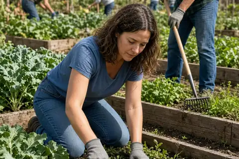 Group of adults weeding a raised garden bed in a community garden outdoors