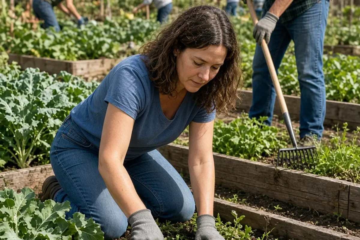 Group of adults weeding a raised garden bed in a community garden outdoors