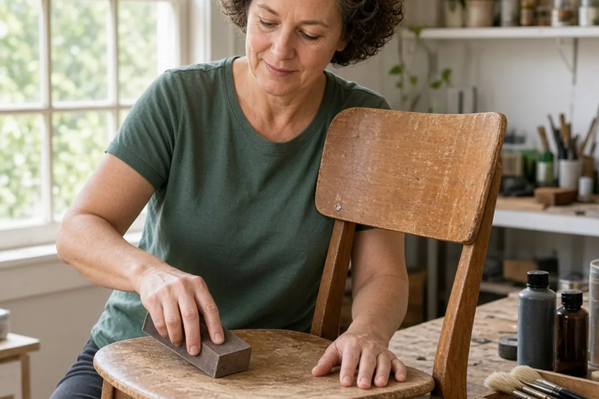 Woman in her forties with short curly brown hair sanding a vintage wooden chair in a workshop