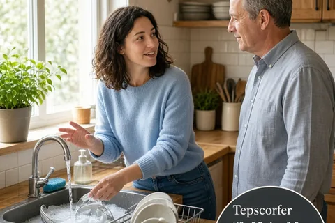 A mid-twenties woman with wavy brown hair and her father with short gray hair washing dishes together in a kitchen while talking.