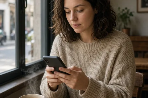 A woman in her mid-twenties with shoulder-length wavy brown hair wearing a beige sweater sits at a wooden table in a cafe, typing on her smartphone with a coffee cup nearby.