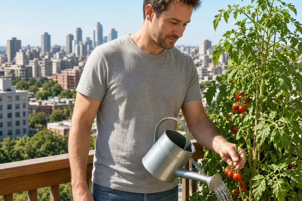 A man tending to heirloom tomato plants on a balcony