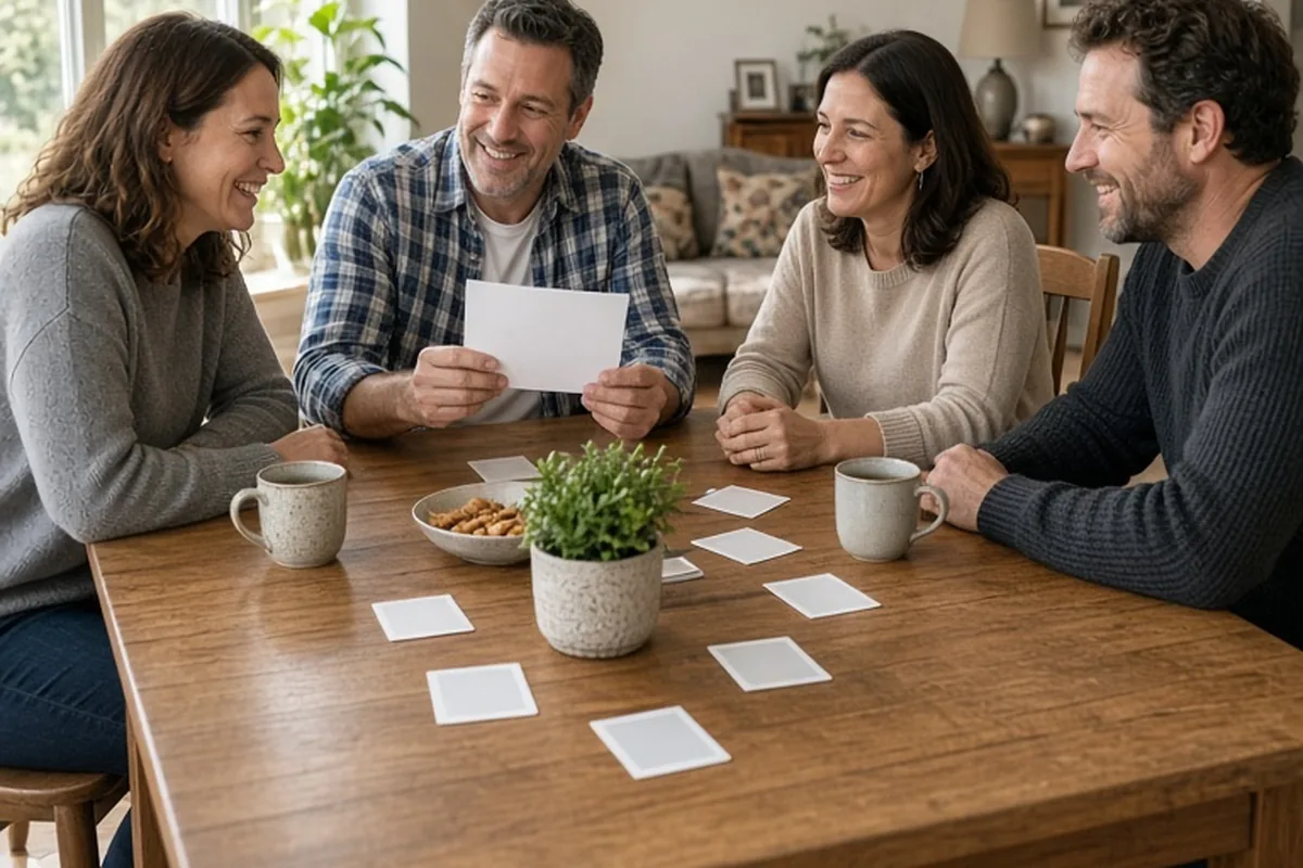 A group of adult family members around a wooden table in a living room playing a game with question cards, one person reading while others smile and listen