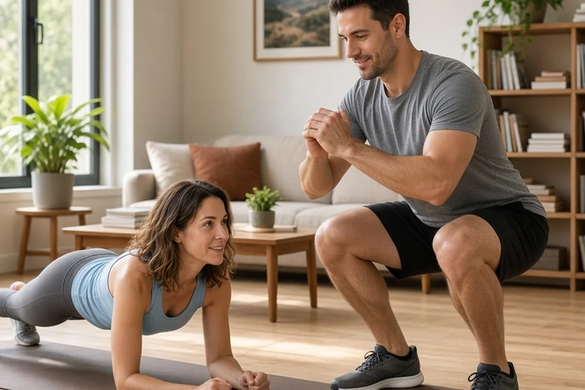 A couple in athletic wear performing bodyweight exercises together in a living room