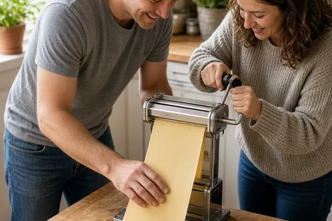 A couple in a kitchen making handmade pasta, one guiding a sheet of dough while the other cranks the pasta roller, both smiling with focused expressions