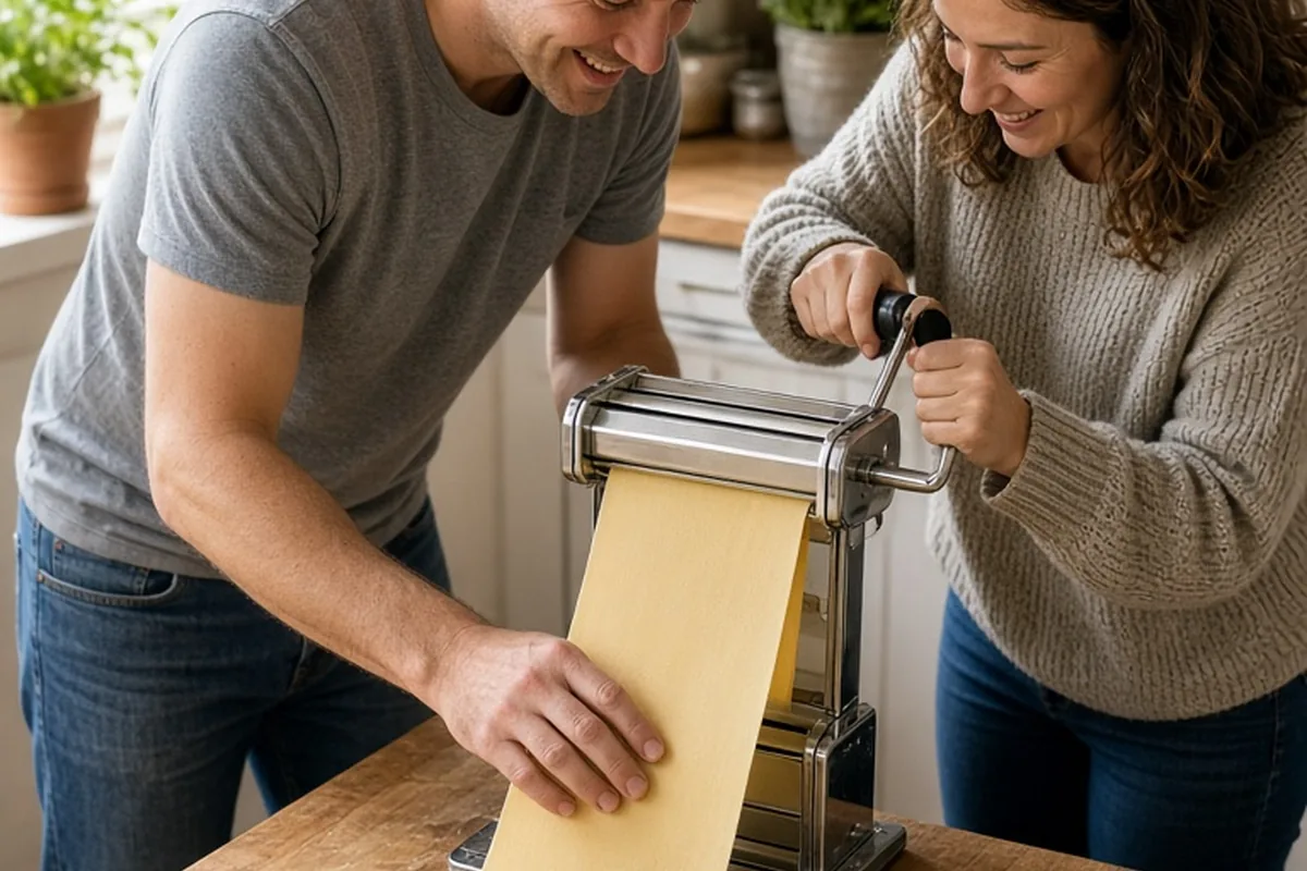 A couple in a kitchen making handmade pasta, one guiding a sheet of dough while the other cranks the pasta roller, both smiling with focused expressions