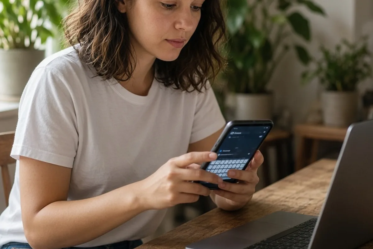 A mid-twenties woman with wavy brown hair seated at a desk, holding a smartphone and typing a message, responding to an Instagram story about running shoes