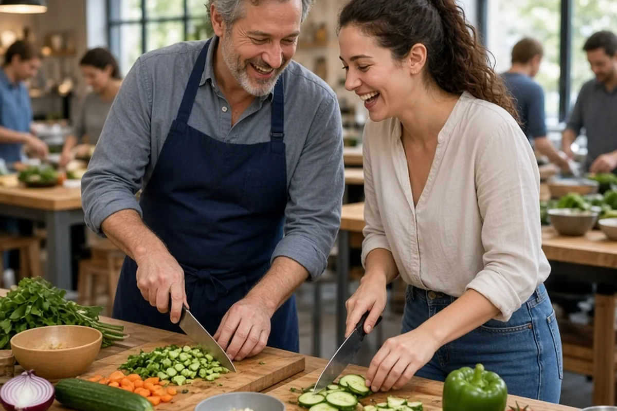 A father and his adult daughter collaborating at a cooking workshop with knives and vegetables