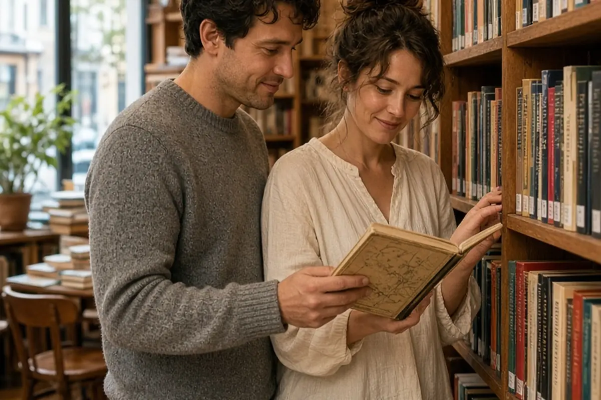 A man and a woman in their thirties in a bookstore aisle exchanging and examining vintage travel books