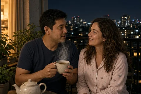 A mid-thirties man and woman in pajamas sitting closely on a balcony at night, the man holding a steaming mug of herbal tea as they converse about their days.