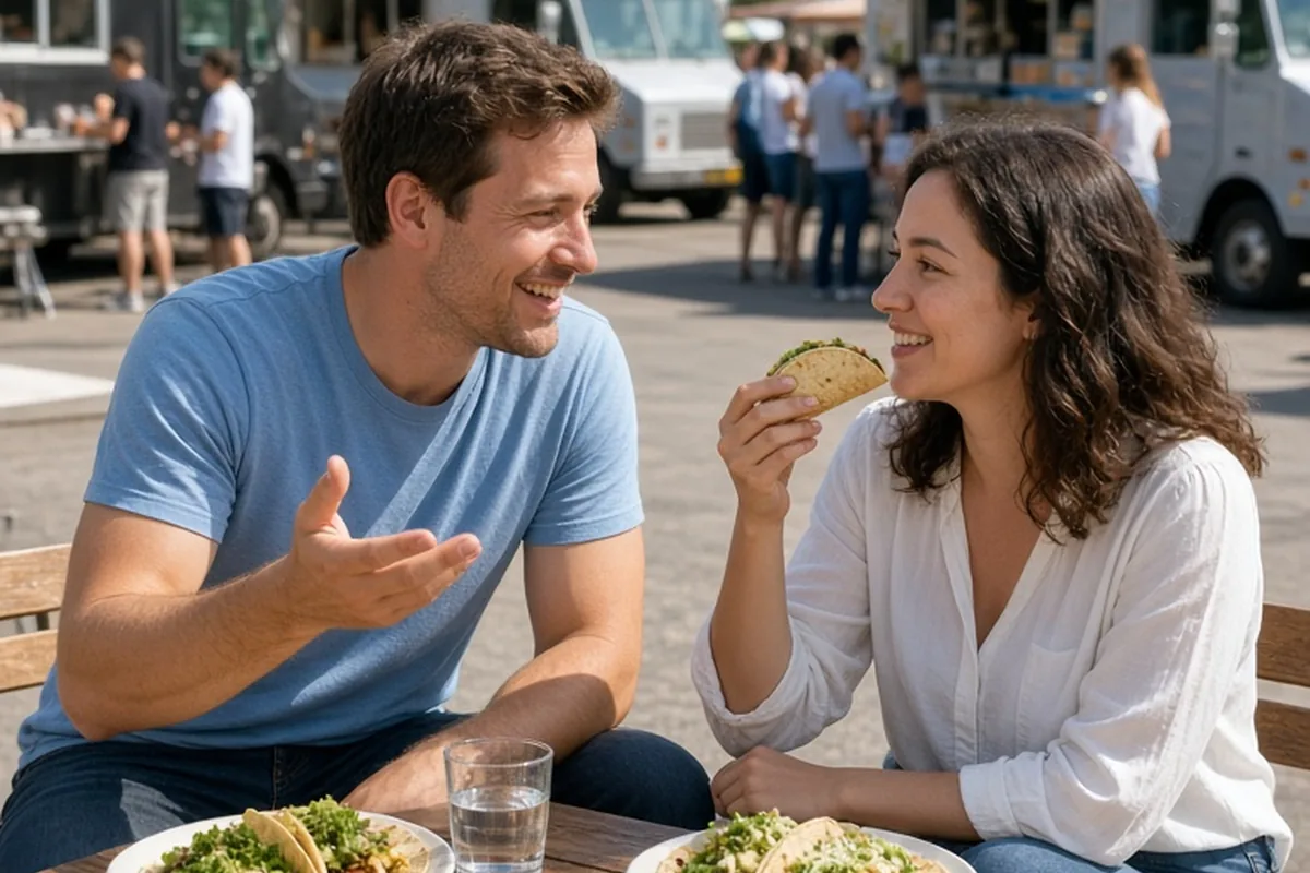 A man and woman sitting at a picnic table in a sunny plaza with food trucks in the background, the man gesturing as he talks to the woman while they eat tacos.