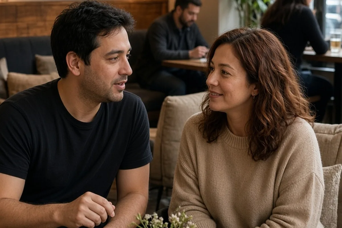 Julian, a man in his mid-thirties with short black hair, and Priya, a woman in her mid-thirties with shoulder-length wavy auburn hair, seated across from each other at a table in a moderately busy dow