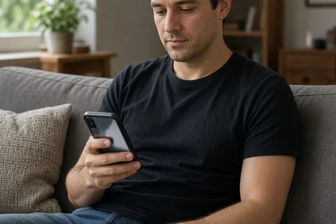 A man in his thirties with short dark hair sitting on a sofa holding a smartphone with an unreadable screen in a living room