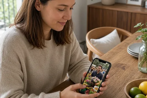 A woman in her mid-twenties with straight brown hair sits at a table holding a smartphone displaying a farmers market profile photo, looking thoughtfully at the screen.