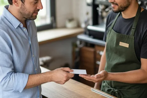 A customer handing a small white business card to a barista at the cafe counter