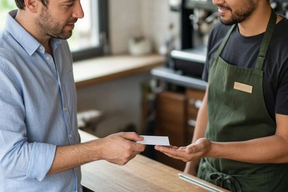 A customer handing a small white business card to a barista at the cafe counter