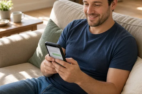 A man in his thirties sitting on a couch in a living room holding a smartphone with a second date invitation message on the screen.
