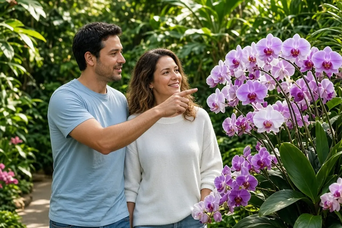 A man and woman walking side by side in a botanical garden conservatory, one pointing at blooming orchids.
