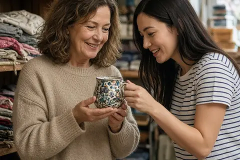 Mother and daughter in a thrift store examining a vintage mug