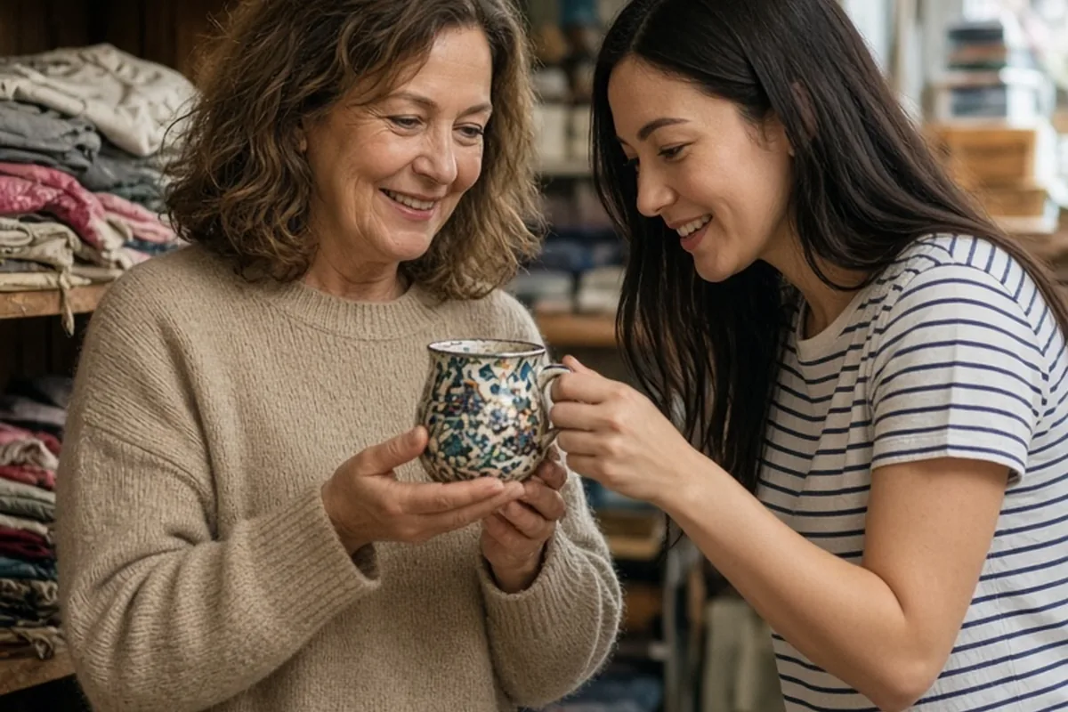 Mother and daughter in a thrift store examining a vintage mug