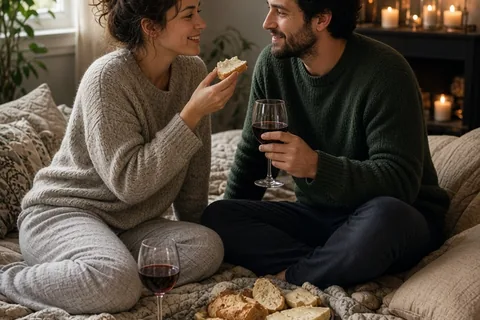 A clearly adult couple in their thirties sitting on quilts and pillows in a living room, sharing finger foods and warm wine