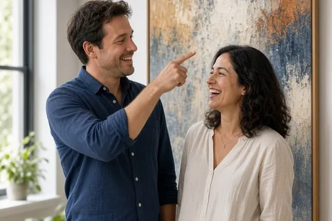 Two adults laughing and talking in an art gallery in front of a painting
