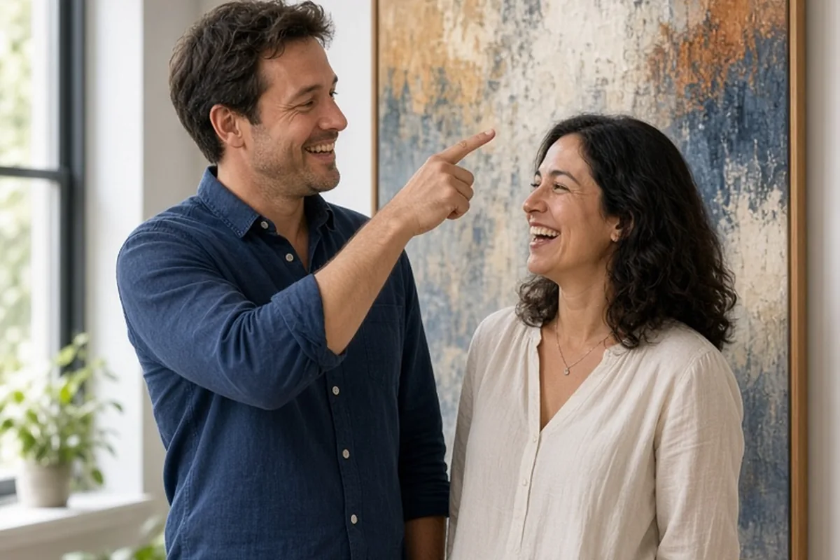 Two adults laughing and talking in an art gallery in front of a painting