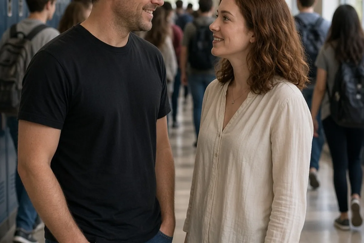 A man and woman in a school hallway greeting each other, the man smiling at the woman while she smiles back