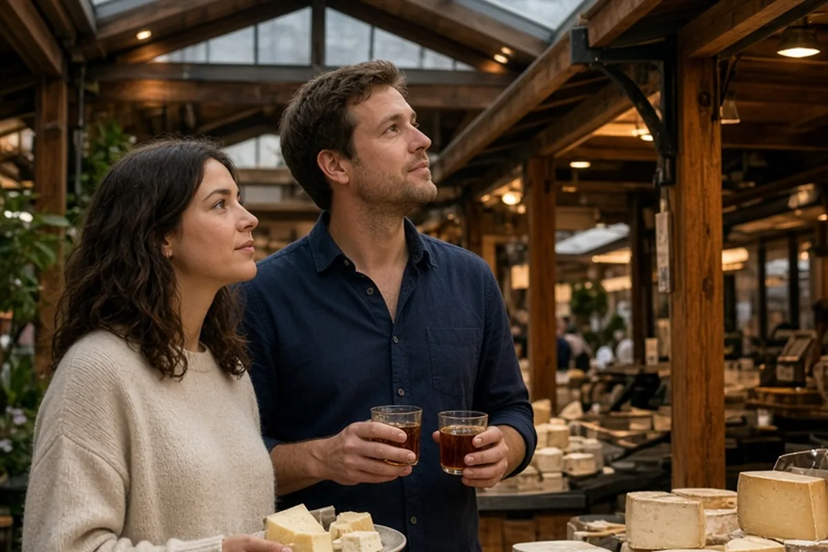 A couple sampling cheese and tea at a stall in a covered food hall with rain visible through skylights